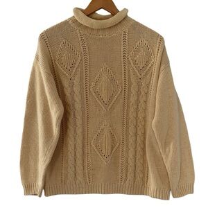 Vintage 90s Cable Knit Sweater Womens Medium Cotton Turtleneck Cream Long Sleeve